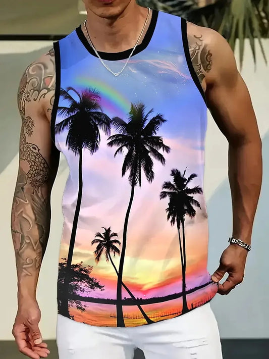 Men's Summer Tropical Sunset Print Sleeveless T Shirt