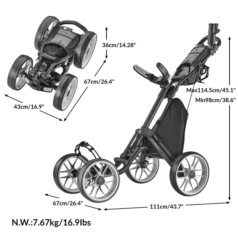 CaddyTek Chariot de golf à 4 roues – Chariot léger et compact, facile à ouvrir
