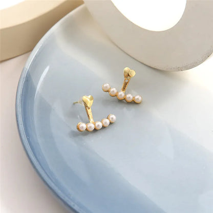 Gold Heart Pearl Stud Korean Women's Earrings