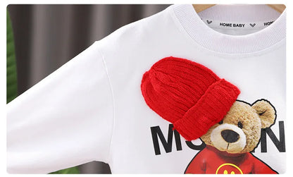 Boys Casual Cartoon Bear Long Sleeve tee and Navy Pants Outfit