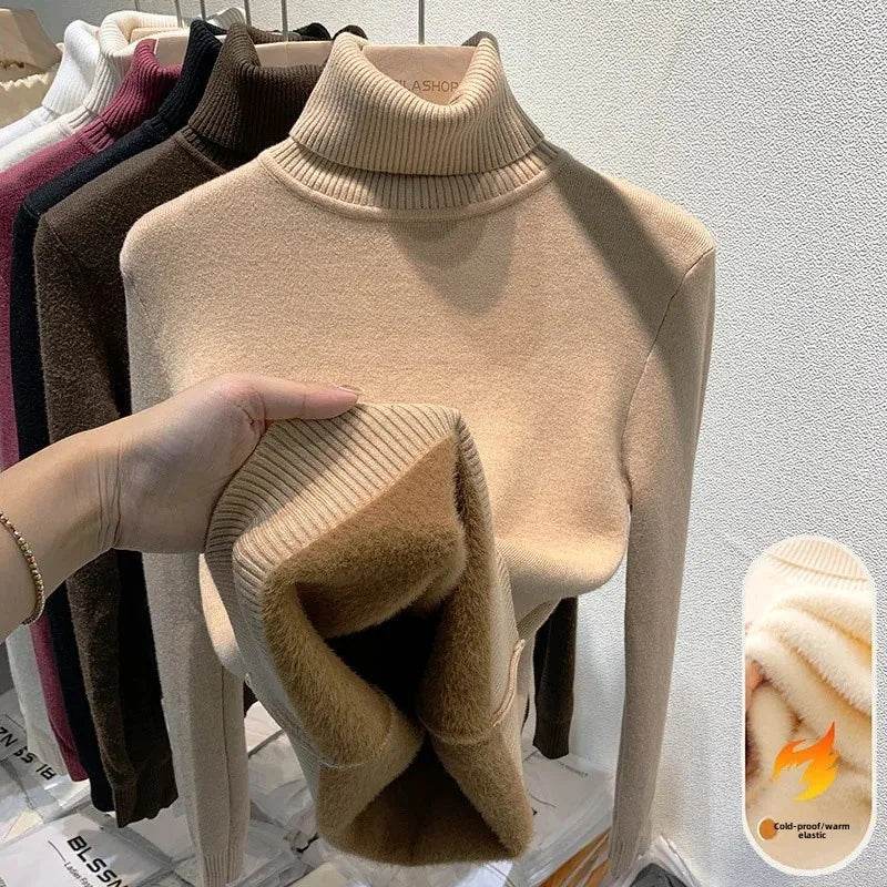 Women's Fleece-Lined Turtle Neck Knited Sweater
