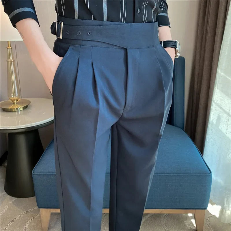 Men’s Classic Slim Fit Office Trousers - High Waist Vintage Pants