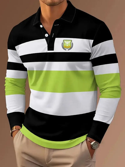 Men's Long Sleeve 3D Striped Polo Shirt