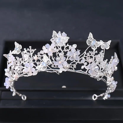 Women Pearl Rhinestone Flower Butterfly Crown