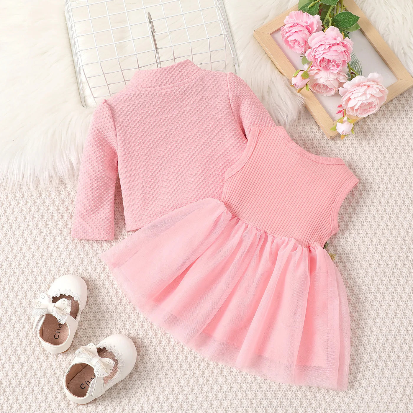 Monate Baby Mädchen Kleid Geburtstagsgeschenk rosa Blütenblatt Hosenträger Mantel Set