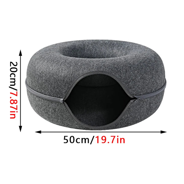 Donutförmiges Katzen-Tunnelbett aus Wollfilz mit abnehmbarem Bezug.