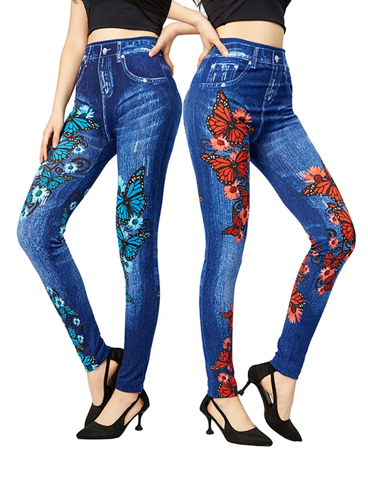 Women's Gym Leggins High Waist Elastic Butterfly Pritned Pencil Jeans