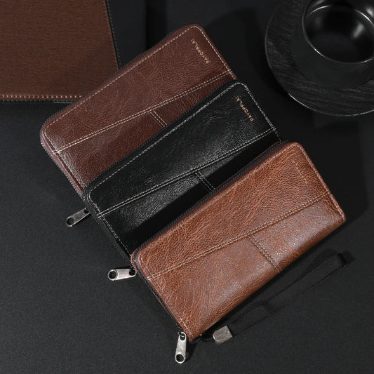 Men’s Leather Long Wallet Clutch – Large Capacity Zipper Handbag Card Holder