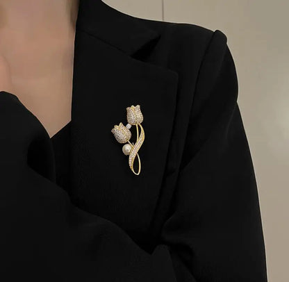 Golden Tulip Flower Pearl Brooch for Women – CZ Rhinestone Crystal Metal Pin
