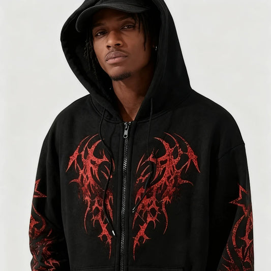 Men's Gothic Print Zipper Cotton Fleece Lined Hoodie Sweatshirt