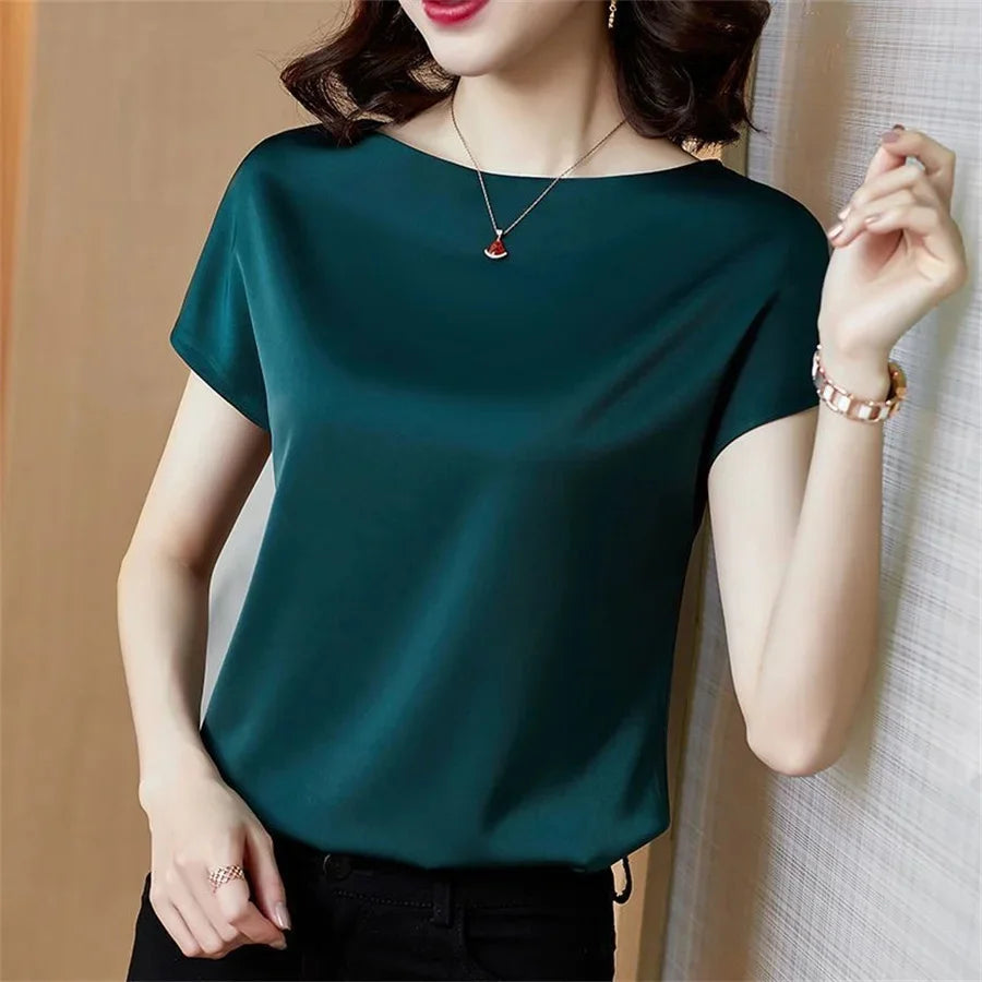 Women Satin Short Sleeve O-Neck Blouse