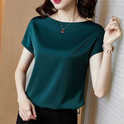 Women Satin Short Sleeve O-Neck Blouse