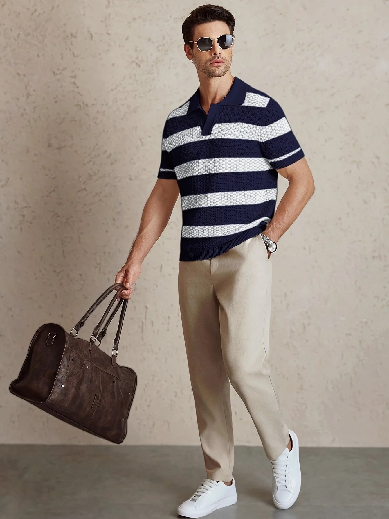 Men's Short Sleeve Contrast Color Knitted Polo Shirt