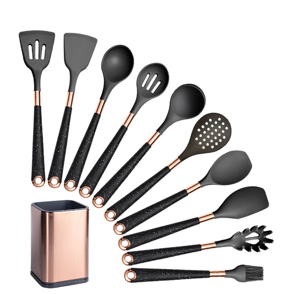 Ensemble d'ustensiles de cuisine en silicone abricot/noir