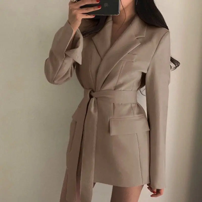 Women’s Mid‑Length Slim Fit Blazer Jacket – Waist‑Defining Lace‑Up Suit Dress Coat
