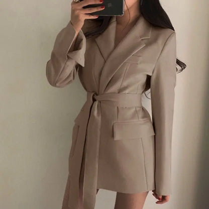 Women’s Mid‑Length Slim Fit Blazer Jacket – Waist‑Defining Lace‑Up Suit Dress Coat