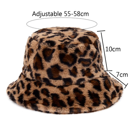 Chapeaux de seau moelleux en fausse fourrure de léopard de vache d'hiver pour les femmes