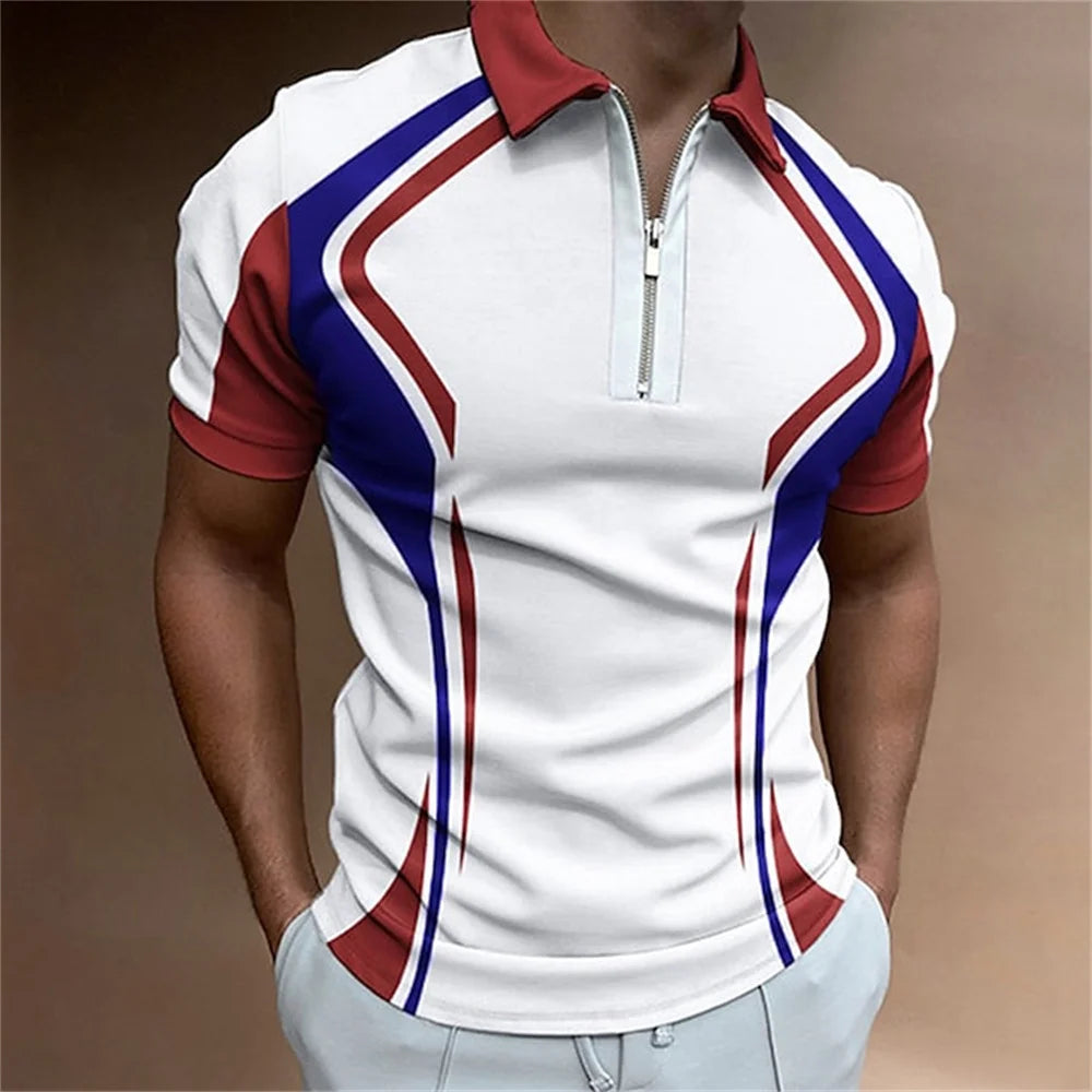 Men Zipper Striped Turn Down Collar Shirt