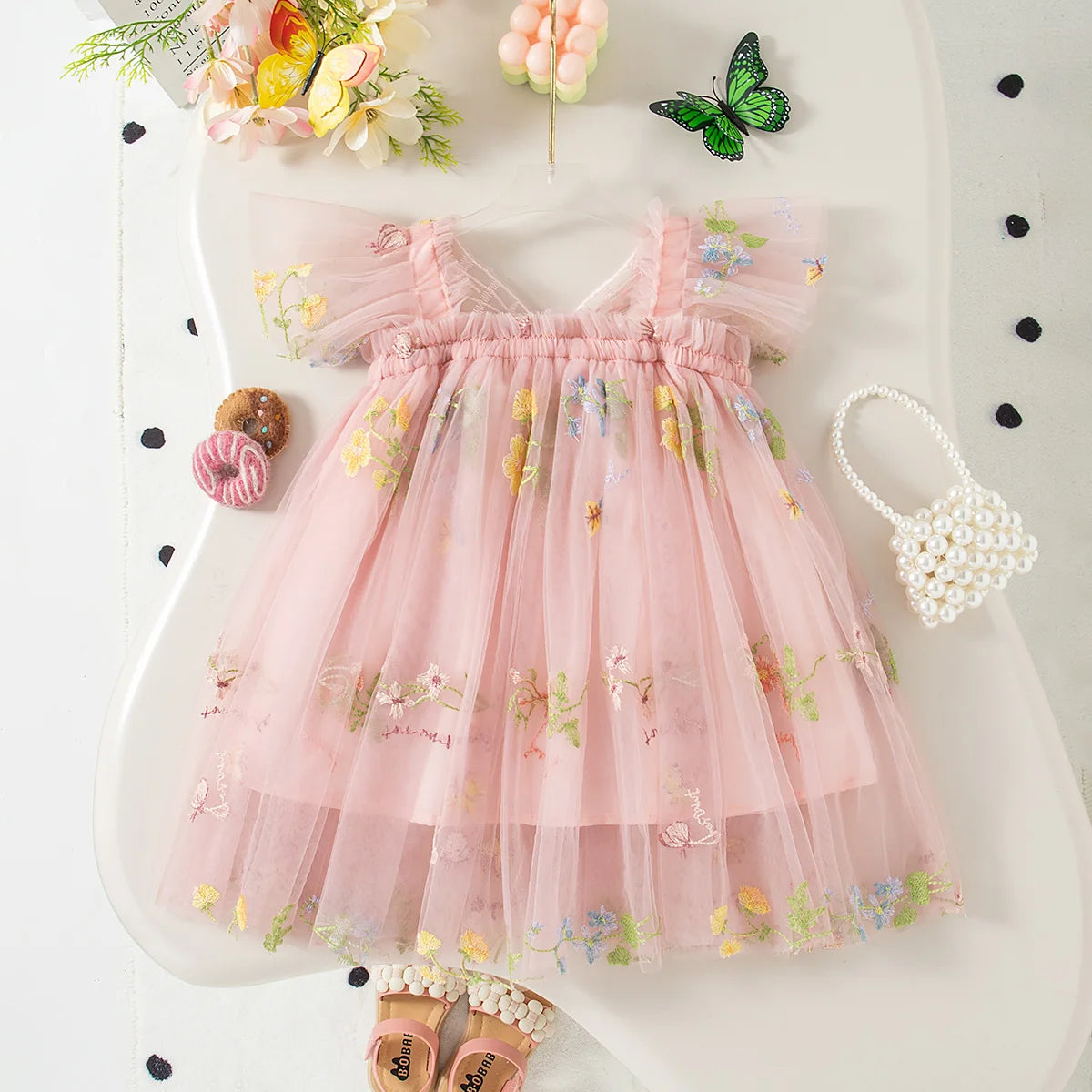 Feen-Trägerkleid aus besticktem Schmetterlingsnetz