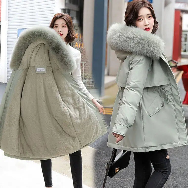 Langer Damenparka – Dicker Samt-Wintermantel