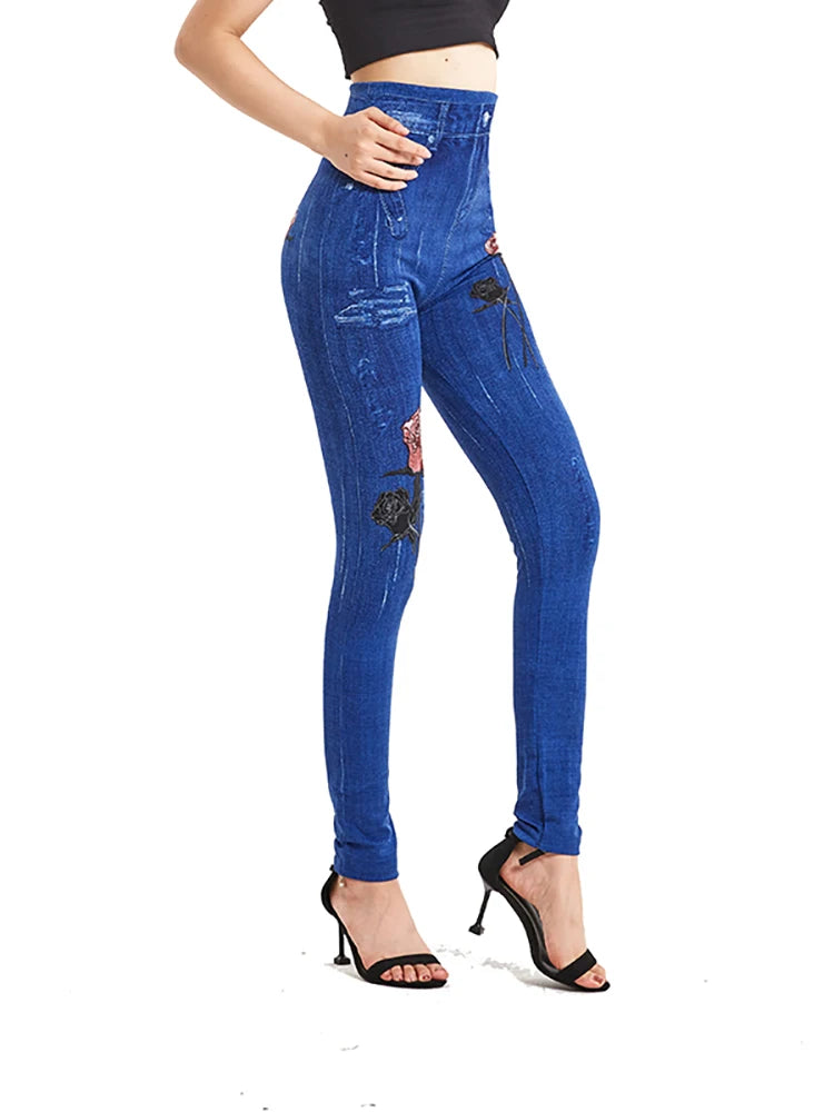 Red Rose Print Blue False Long Pants for Women