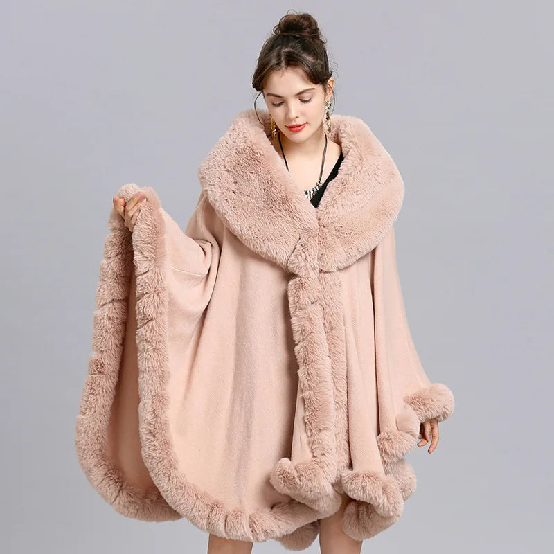 Women's Winter Plaid Hooded Fur Collar Shawl