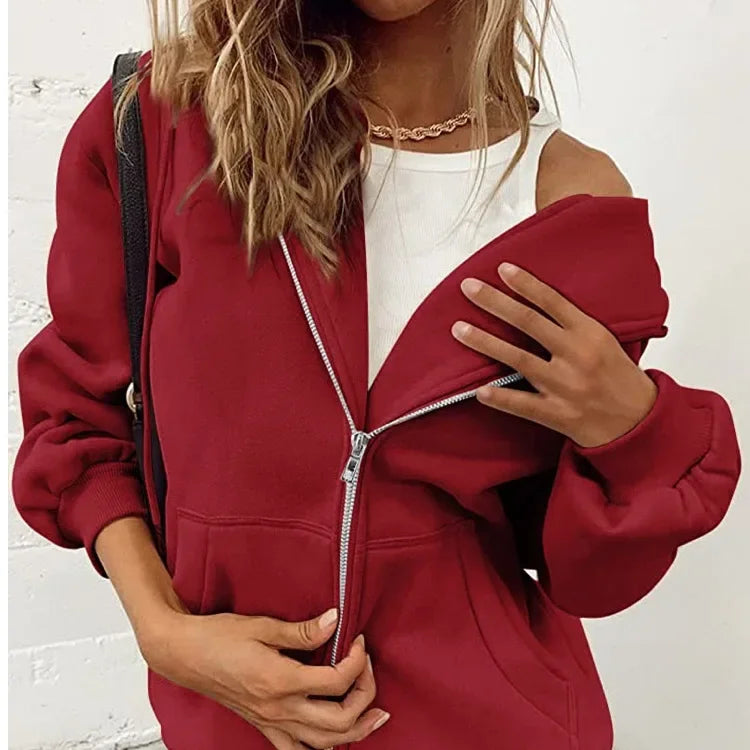 Sweat à capuche en polaire d'automne de couleur unie avec poches et fermeture éclair