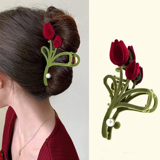 Griffe à cheveux en perles de tulipe en velours - Pinces à cheveux à fleurs rouge vin