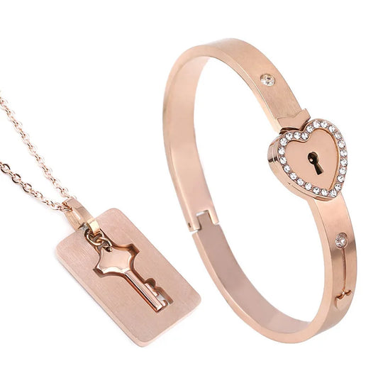 Couple Heart Lock & Key Necklace Bracelet Set – Stainless Steel Love Pendant Choker