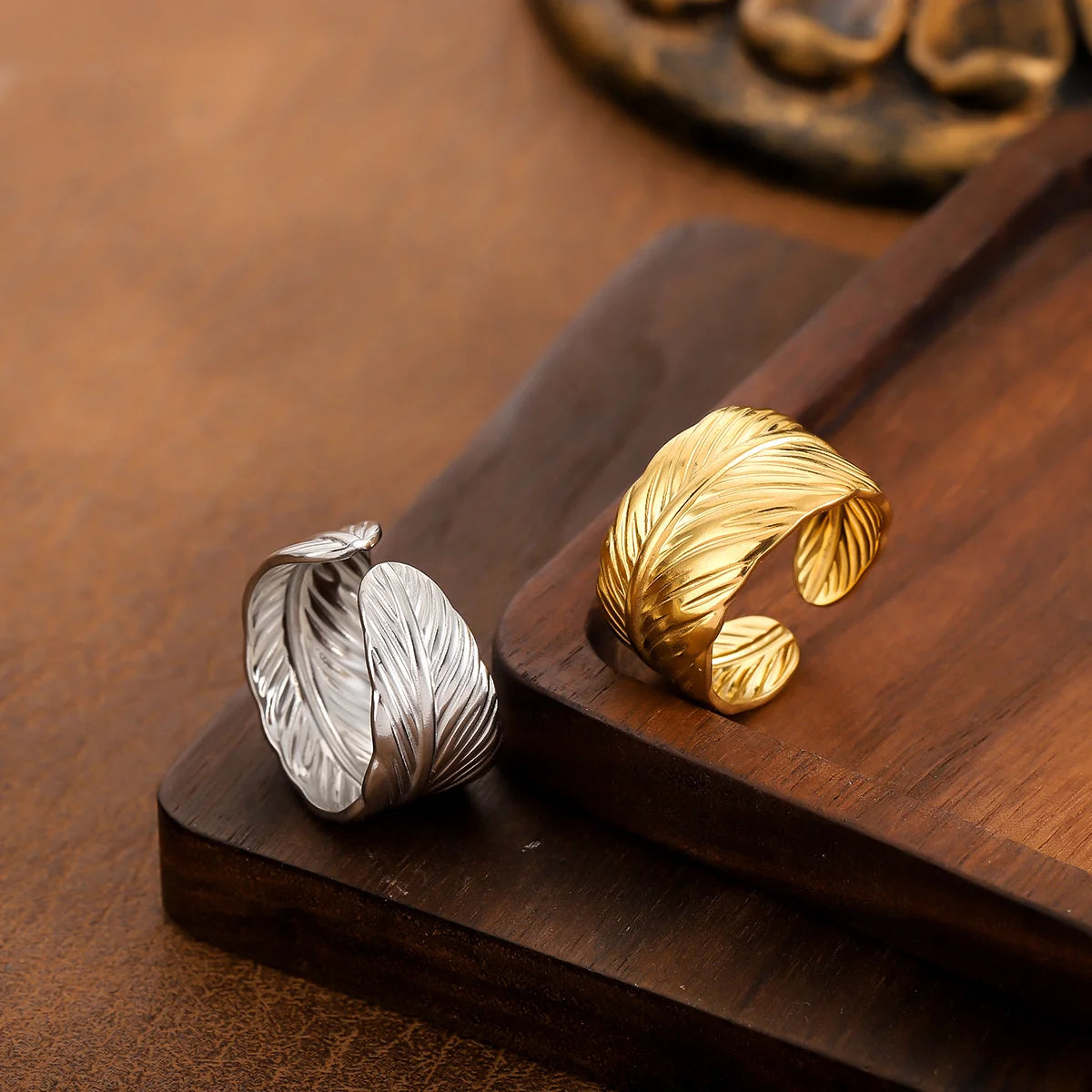 Waterproof Stainless Steel Non‑Fading Gold Plated Feather Adjustable Ring