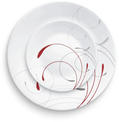 Rundes 12-teiliges Geschirrset in Weiß und Rot