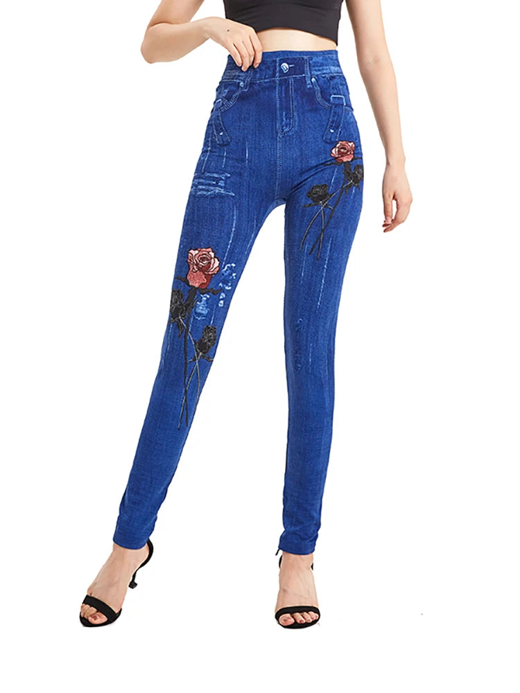 Red Rose Print Blue False Long Pants for Women