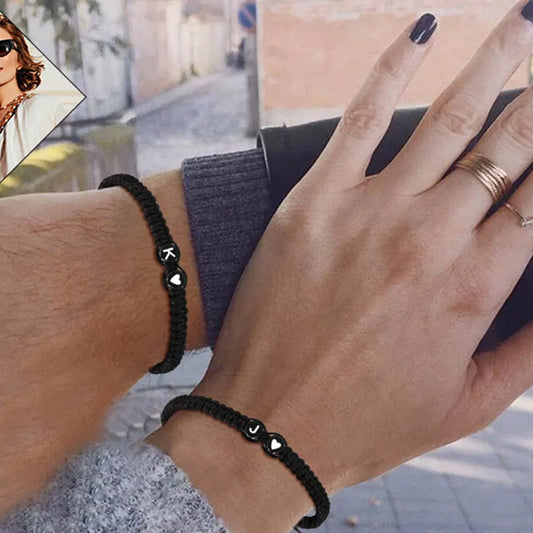 Customizable black & white heart-shaped woven couple bracelets