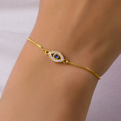 Gold Evil Eye Bracelet with Blue Zircon – Adjustable Handmade Lucky Nazar Bracelet