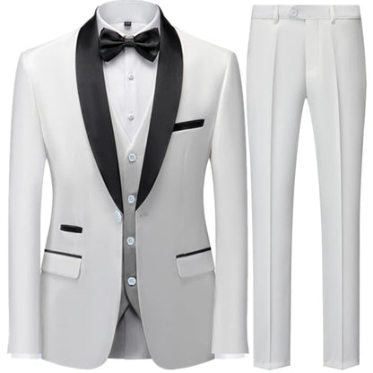 3 Pieces Set Men's Business Blazers Coat - Slim Fit Color Matching Collar Suit Jacket Pants Vest