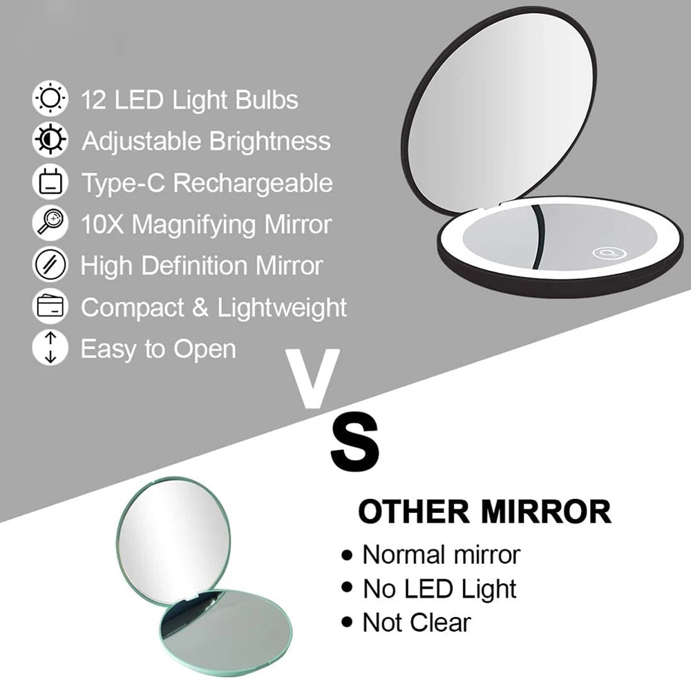 Mini miroir de maquillage pliable à LED avec grossissement 10X