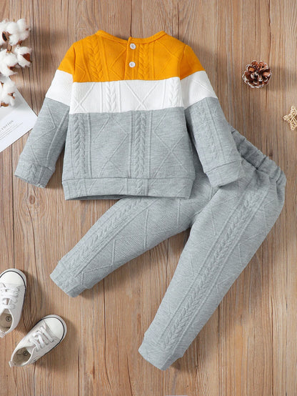 2PCS Kids Boy Clothes Set Long Sleeves Color Block Hoodies+Pants