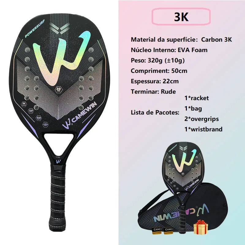 3K Camewin Beach Tennis Racket Full Carbon Fiber Rough Surface With Cover Bag Send Overglue Gift For Adult Senior Player