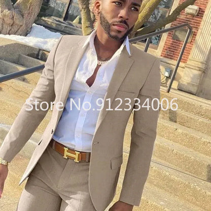 Men's Beige 2-Piece Slim Fit Wedding Suit - Blazer & Pants