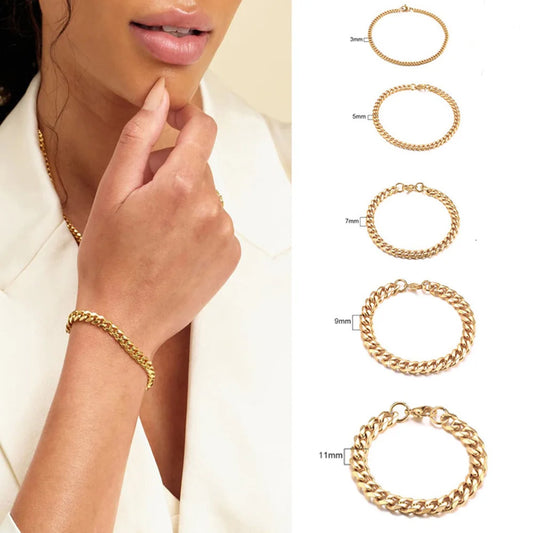 Gold Color Stainless Steel Curb Cuban Link Bracelet – 3mm‑9mm Unisex Chain