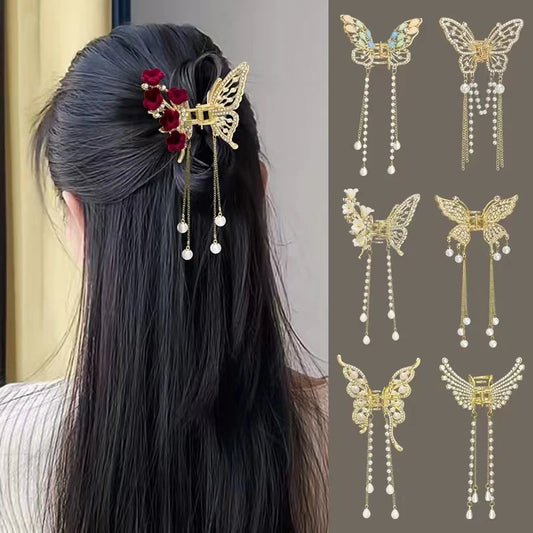 Rhinestone Butterfly Fringe Hair Clips - Metal Headdress