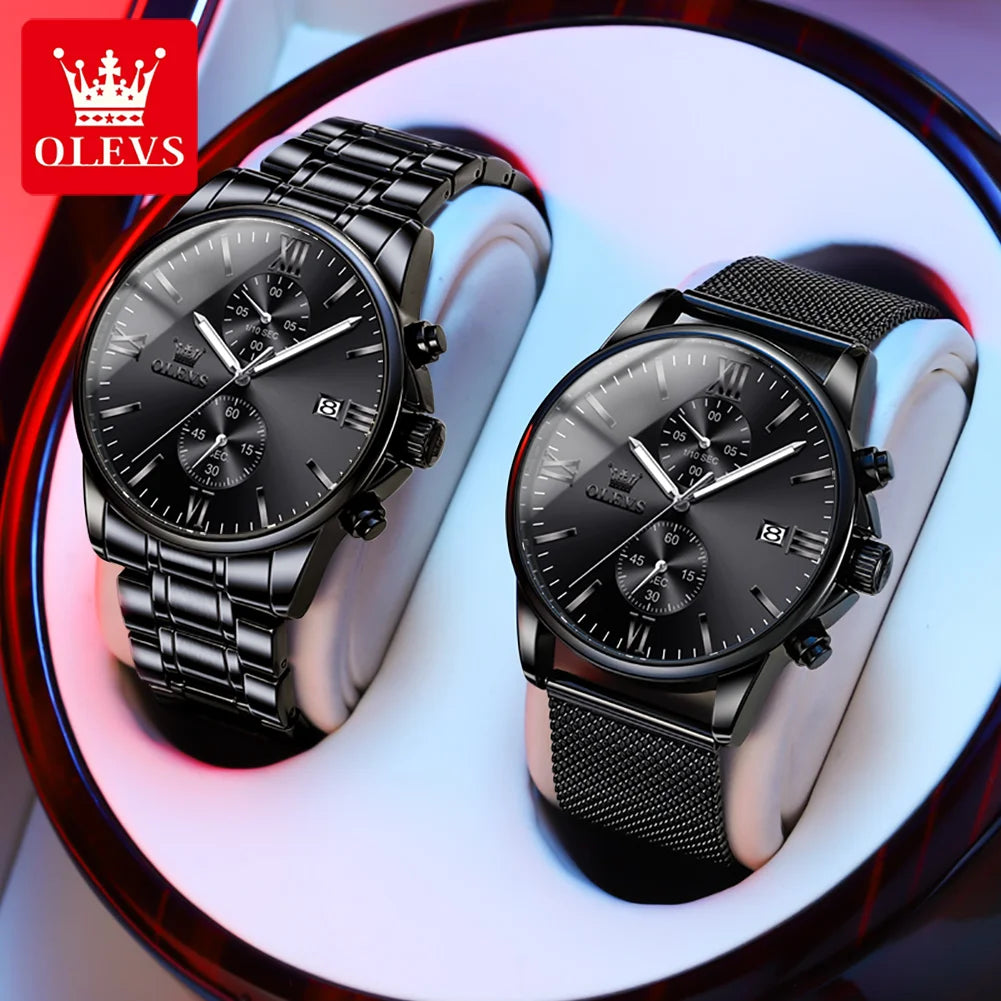 Men's Quartz Watch - Black Stainless steel Date Luminous Waterproof  Watch