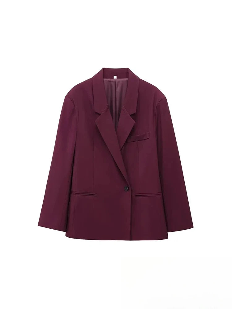 Damenblazer mit fallendem Revers und einem Knopf sowie gerader, locker sitzender Hosenanzug