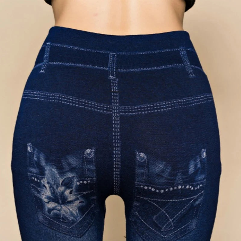 Women Hollow Out Denim Pencil Fitness Elastic Print Pants