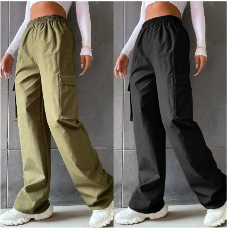 Sommerliche Cargohose mit hohem Bund und Taschen – Damenhose mit weitem Bein 