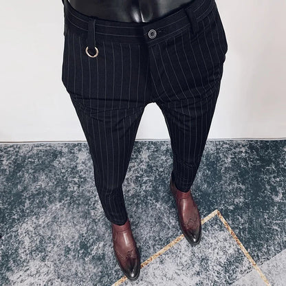 Men’s Slim Stretch Suit Pants - Autumn Formal Stripe Trousers