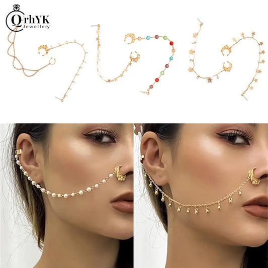 Boucles d'oreilles pince-nez pour femmes, chaîne à pampilles géométrique