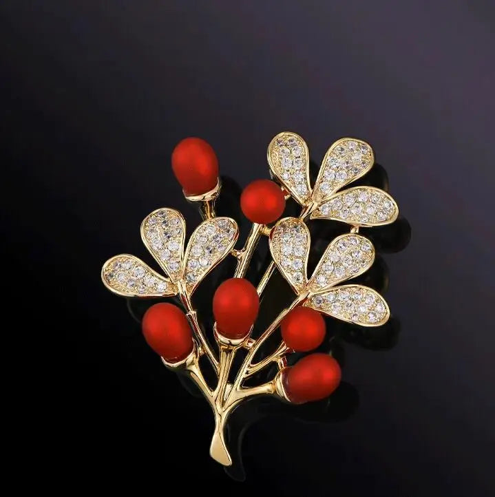 Golden Tulip Flower Pearl Brooch for Women – CZ Rhinestone Crystal Metal Pin