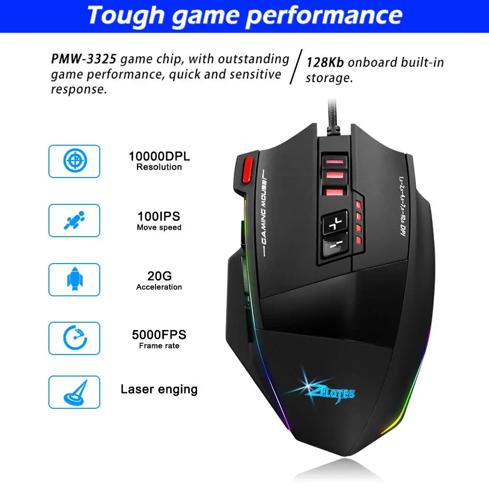 C13 Wired Gaming Mouse with 13 Programmable Buttons Adjustable DPI (1500–10000) RGB LED Optical Sensor USB Gaming Mouse