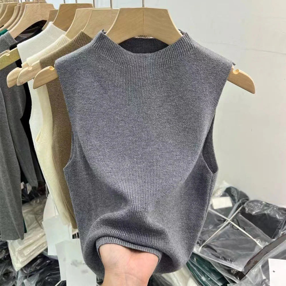 Half Turtleneck Knit Tank Summer Sleeveless Vest